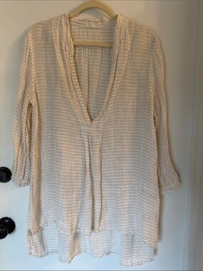 CP shades linen gauze tunic beige white stripe vneck